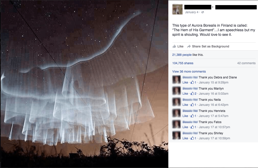 screenshot of fake aurora from Facebook