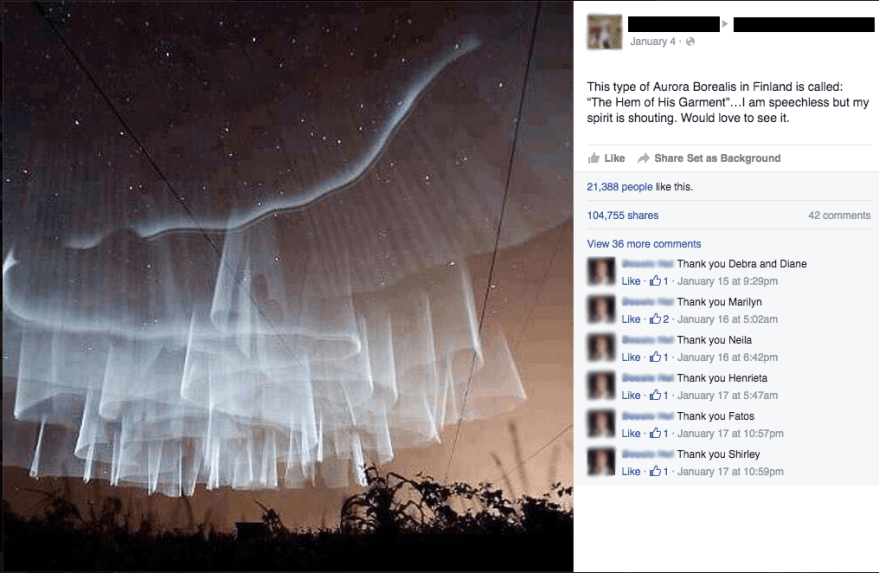 screenshot of fake aurora from Facebook
