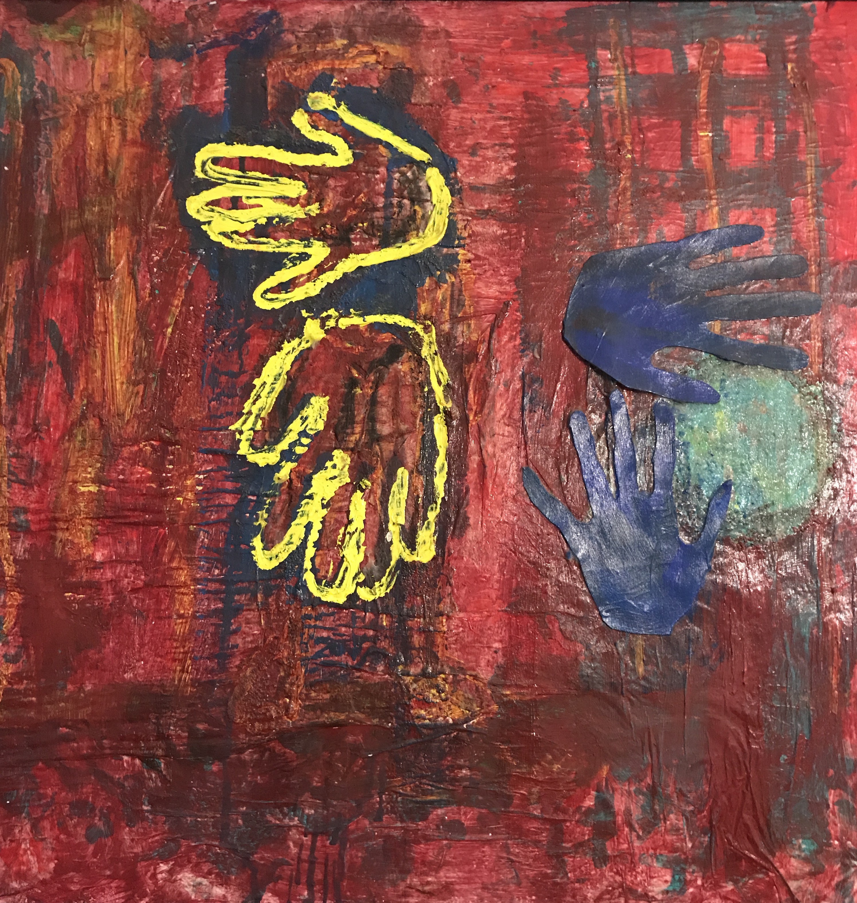 painting with red background, yellow and blue hands